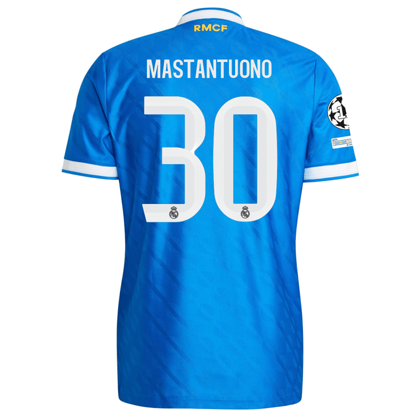 adidas Men's Mastantuono Real Madrid 25/26 Authentic Third Jersey w/ Champions League Patches (Blue) | SoccerWearhouse