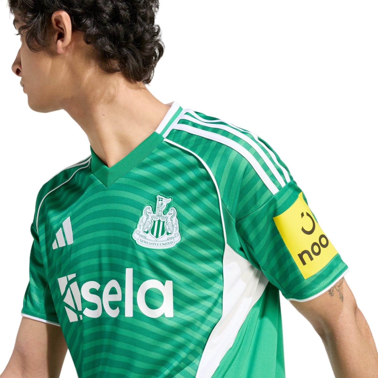 adidas Men's Newcastle United 25/26 Away Jersey w/ NRFR + EPL Patches (Green/White) | SoccerWearhouse