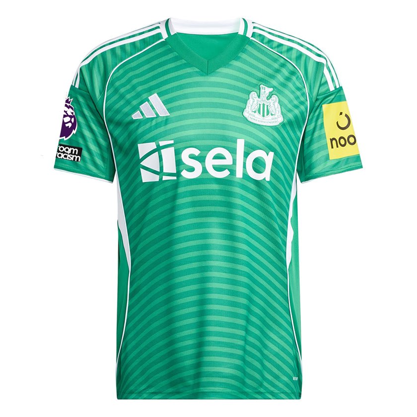 adidas Men's Newcastle United 25/26 Away Jersey w/ NRFR + EPL Patches (Green/White) | SoccerWearhouse