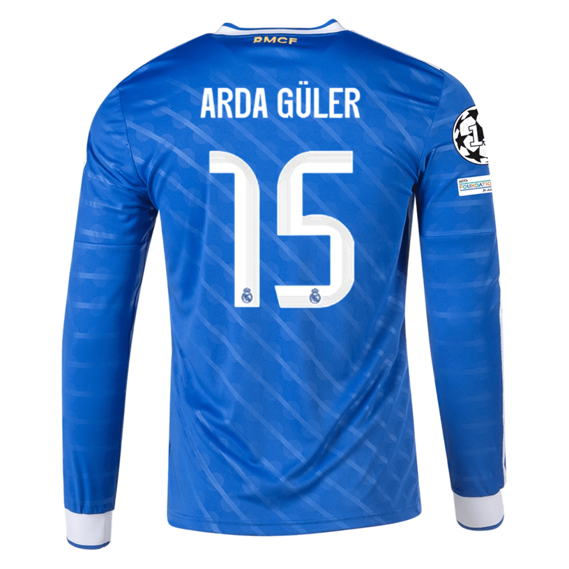 adidas Men's Real Madrid Arda Guler Long Sleeve Third Jersey w/ Champions League Patches 25/26 (Blue/White) | SoccerWearhouse