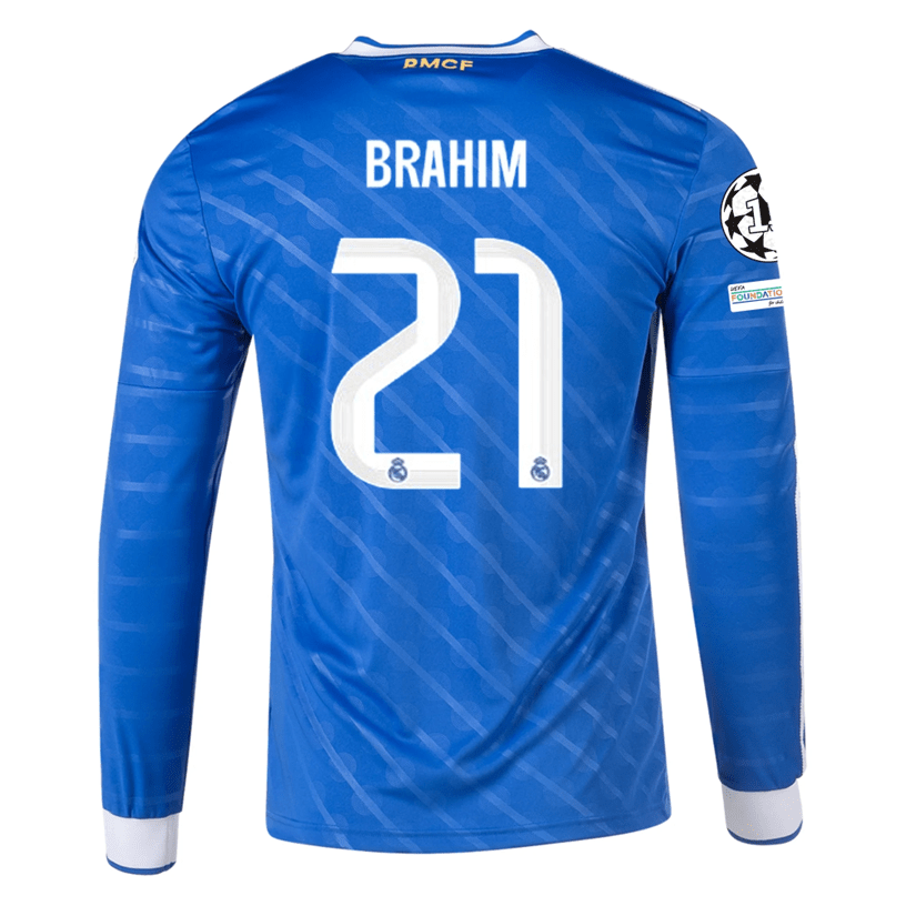 adidas Men's Real Madrid Brahim Long Sleeve Third Jersey w/ Champions League Patches 25/26 (Blue/White) | SoccerWearhouse