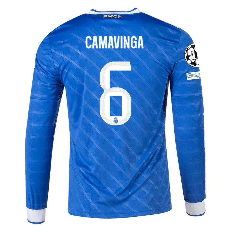 adidas Men's Real Madrid Camavinga Long Sleeve Third Jersey w/ Champions League Patches 25/26 (Blue/White) | SoccerWearhouse