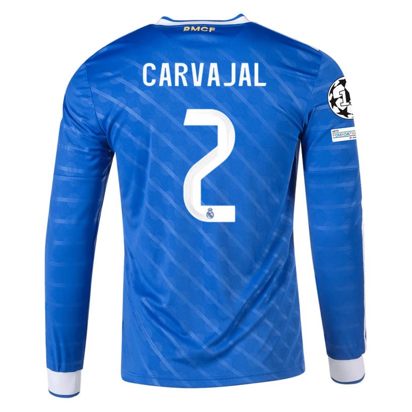 adidas Men's Real Madrid Carvajal Long Sleeve Third Jersey w/ Champions League Patches 25/26 (Blue/White) | SoccerWearhouse