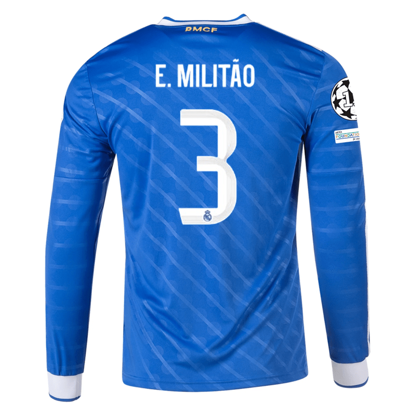 adidas Men's Real Madrid E. Militao Long Sleeve Third Jersey w/ Champions League Patches 25/26 (Blue/White) | SoccerWearhouse