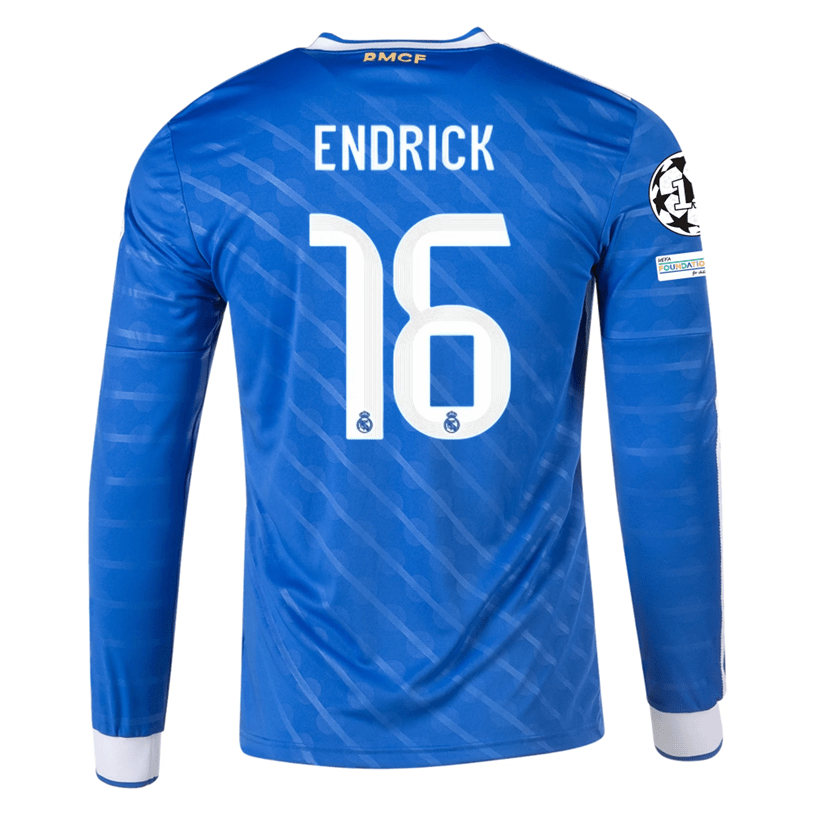adidas Men's Real Madrid Endrick Long Sleeve Third Jersey w/ Champions League Patches 25/26 (Blue/White) | SoccerWearhouse