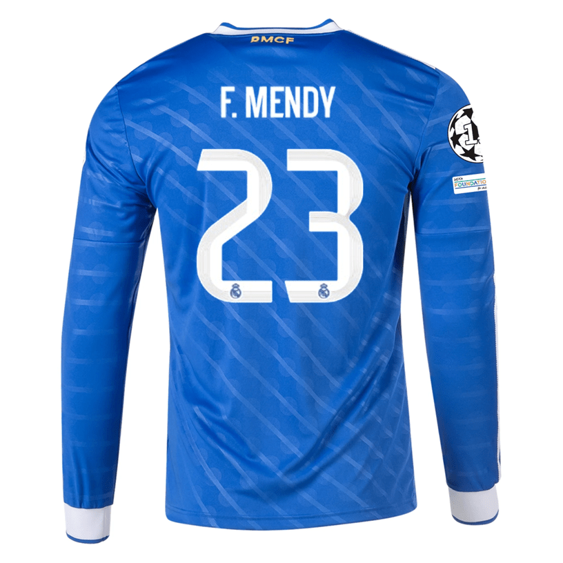 adidas Men's Real Madrid F. Mendy Long Sleeve Third Jersey w/ Champions League Patches 25/26 (Blue/White) | SoccerWearhouse