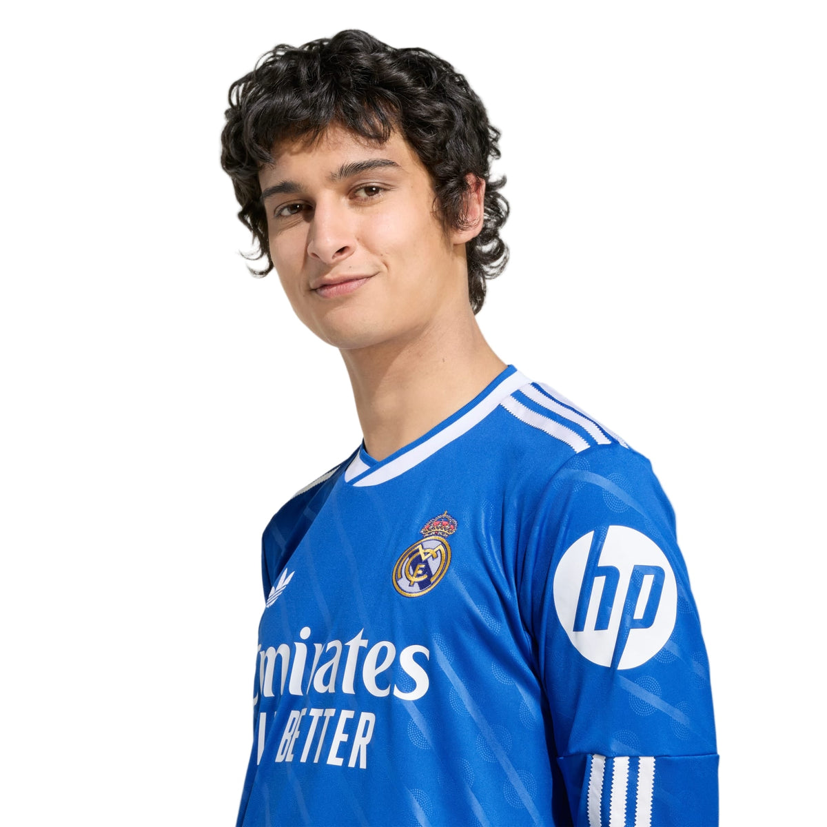 adidas Men's Real Madrid Huijsen Long Sleeve Third Jersey w/ Champions League Patches 25/26 (Blue/White) | SoccerWearhouse
