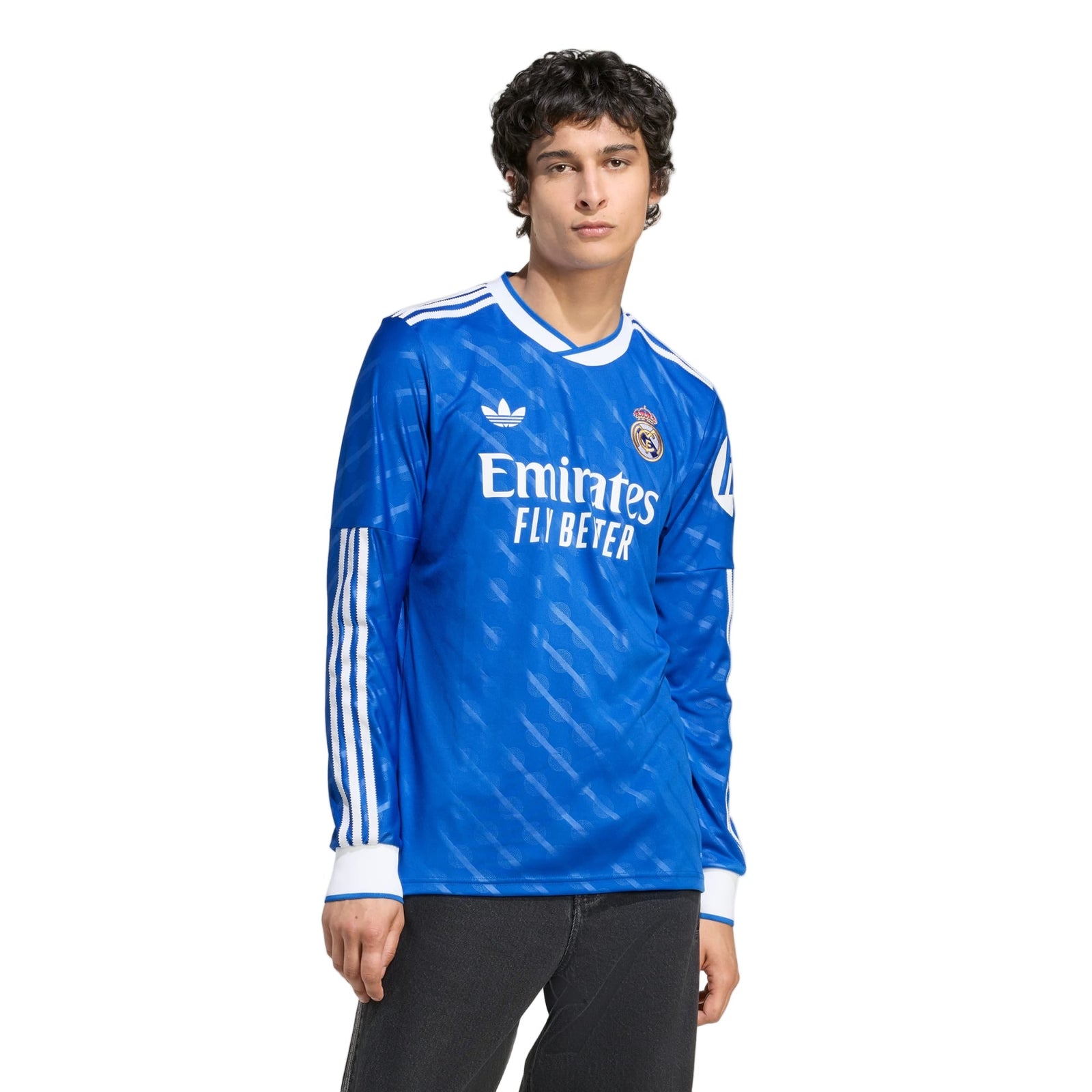 adidas Men's Real Madrid Huijsen Long Sleeve Third Jersey w/ Champions League Patches 25/26 (Blue/White) | SoccerWearhouse