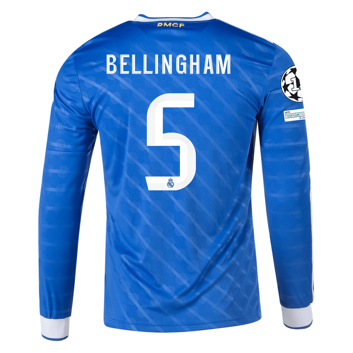 adidas Men's Real Madrid Jude Bellingham Long Sleeve Third Jersey w/ Champions League Patches 25/26 (Blue/White) | SoccerWearhouse
