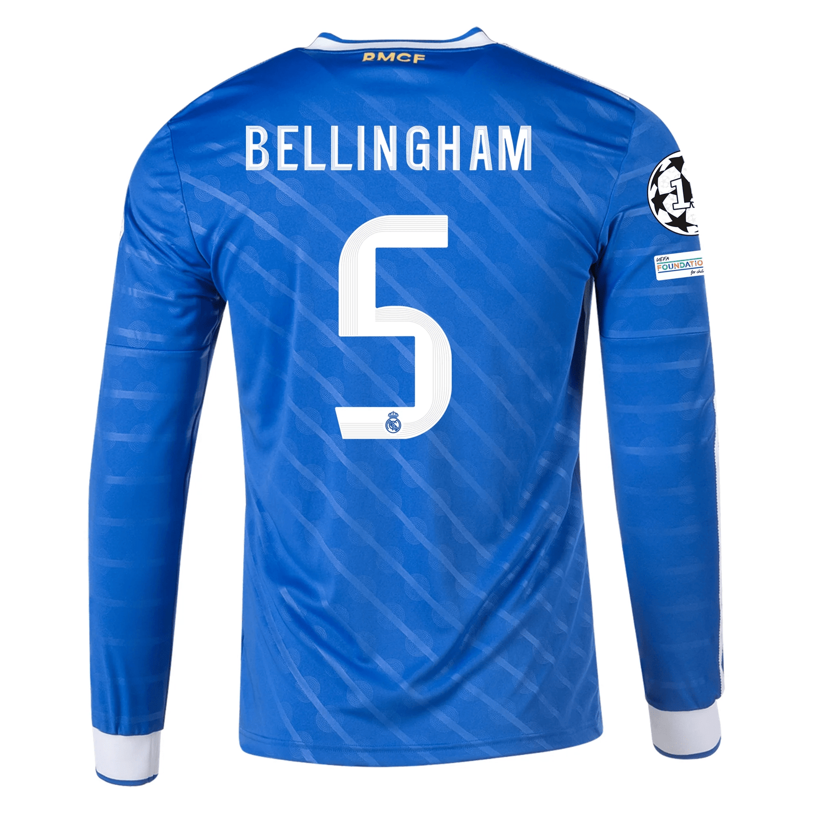 adidas Men's Real Madrid Jude Bellingham Long Sleeve Third Jersey w/ Champions League Patches 25/26 (Blue/White) | SoccerWearhouse