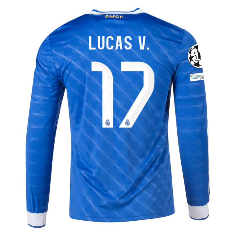 adidas Men's Real Madrid Lucas V. Long Sleeve Third Jersey w/ Champions League Patches 25/26 (Blue/White) | SoccerWearhouse