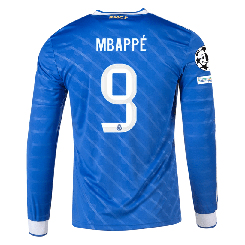 adidas Men's Real Madrid Mbappe Long Sleeve Third Jersey w/ Champions League Patches 25/26 (Blue/White) | SoccerWearhouse