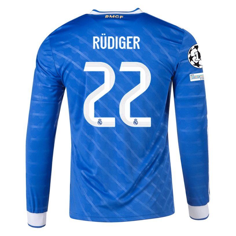 adidas Men's Real Madrid Rudiger Long Sleeve Third Jersey w/ Champions League Patches 25/26 (Blue/White) | SoccerWearhouse