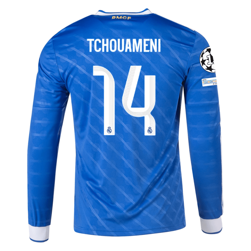 adidas Men's Real Madrid Tchouameni Long Sleeve Third Jersey w/ Champions League Patches 25/26 (Blue/White) | SoccerWearhouse