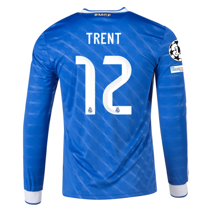 adidas Men's Real Madrid Trent Long Sleeve Third Jersey w/ Champions League Patches 25/26 (Blue/White) | SoccerWearhouse