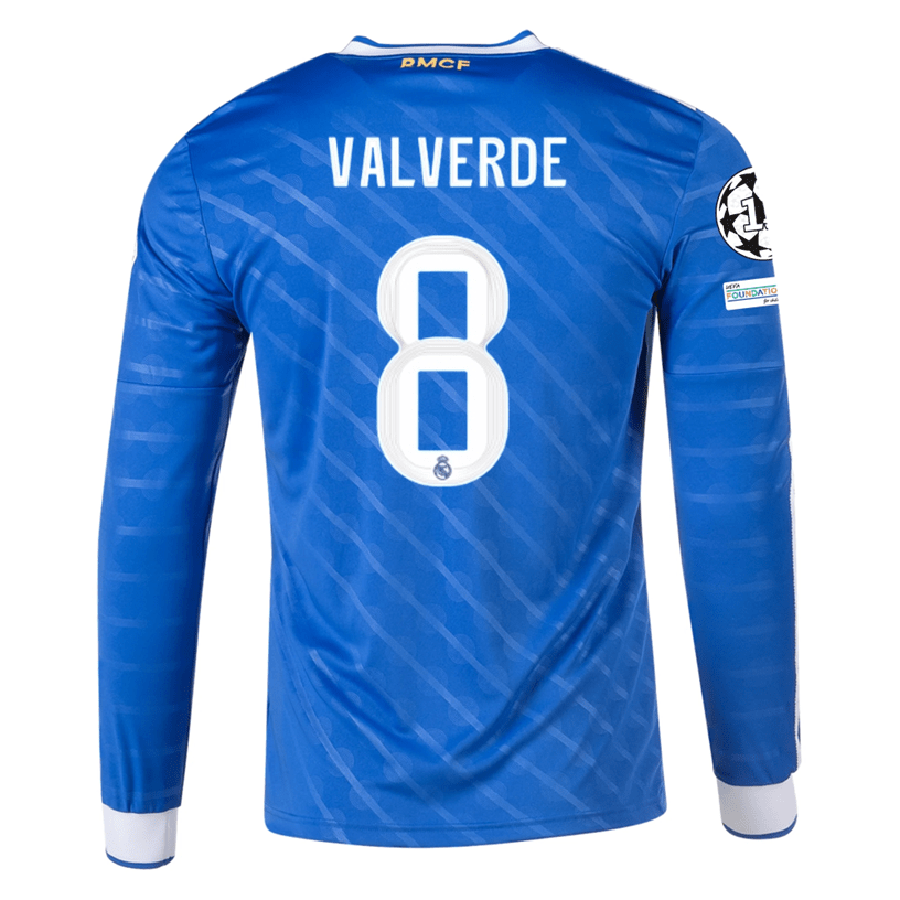 adidas Men's Real Madrid Valverde Long Sleeve Third Jersey w/ Champions League Patches 25/26 (Blue/White) | SoccerWearhouse