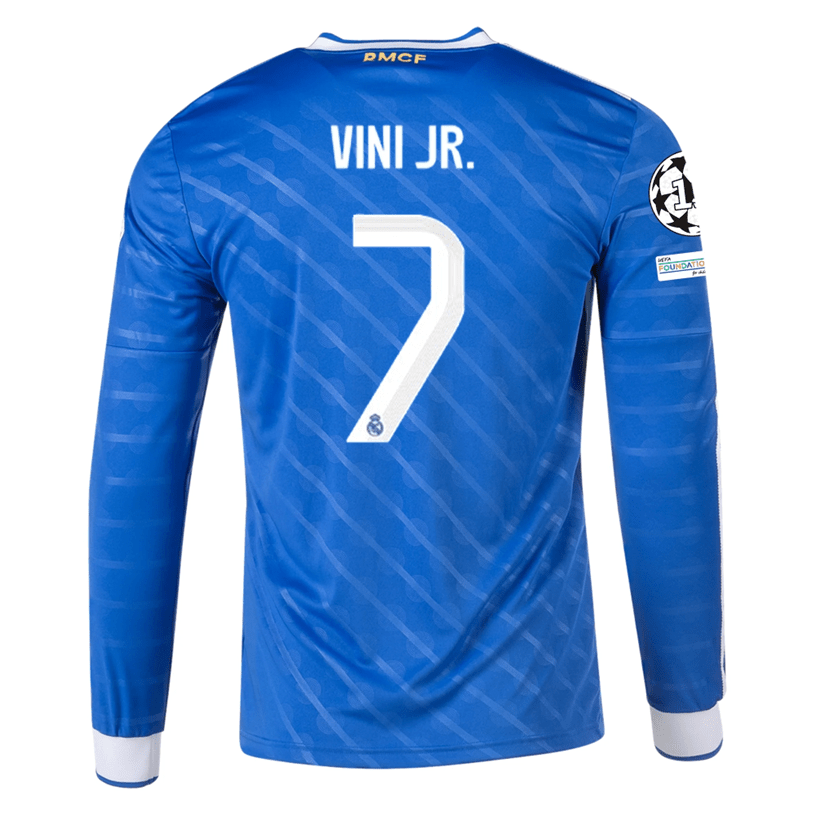 adidas Men's Real Madrid Vini Jr. Long Sleeve Third Jersey w/ Champions League Patches 25/26 (Blue/White) | SoccerWearhouse