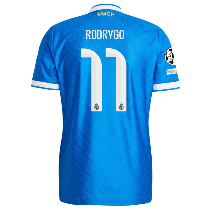 adidas Men's Rodrygo Real Madrid 25/26 Authentic Third Jersey w/ Champions League Patches (Blue) | SoccerWearhouse