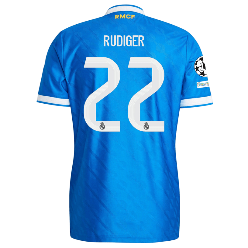 adidas Men's Rudiger Real Madrid 25/26 Authentic Third Jersey w/ Champions League Patches (Blue) | SoccerWearhouse