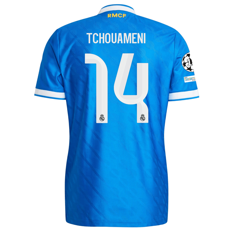 adidas Men's Tchouameni Real Madrid 25/26 Authentic Third Jersey w/ Champions League Patches (Blue) | SoccerWearhouse