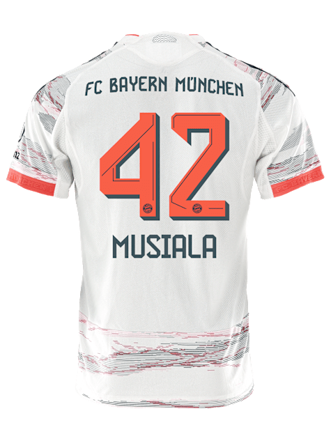 adidas Musiala Authentic Away Jersey 25/26 w/ Sponsor + Meister Bundesliga Patch (White/Red] | SoccerWearhouse