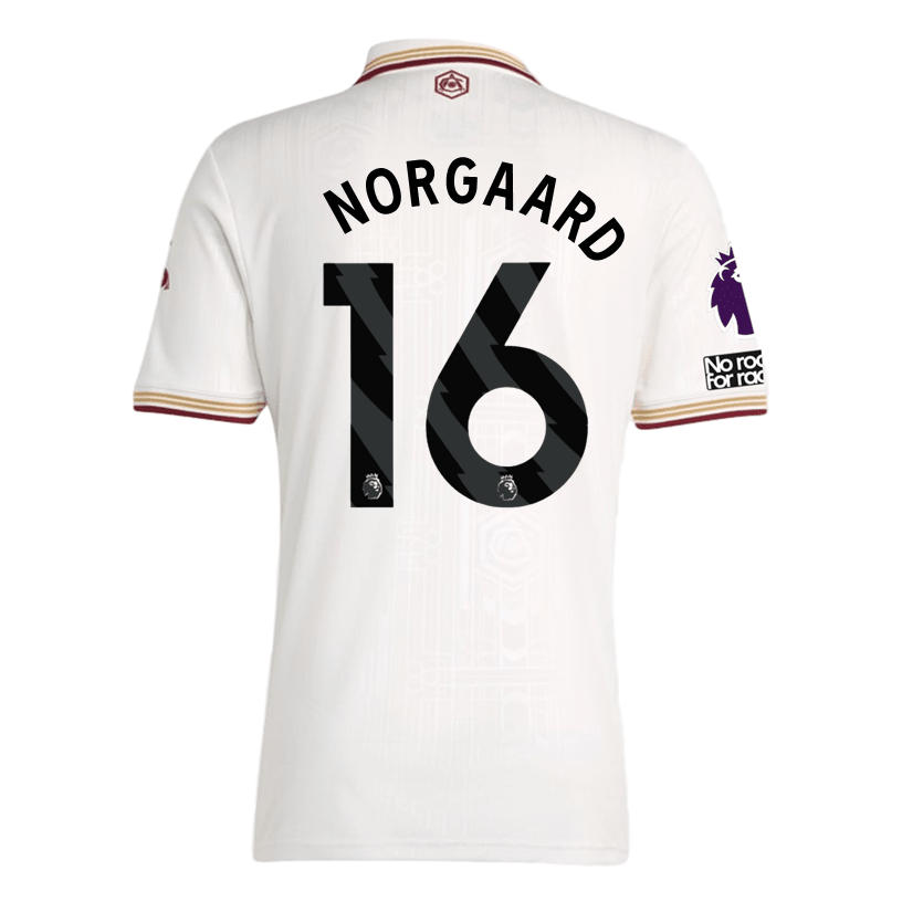 adidas Norgaard Men's Arsenal FC Third Jersey 25/26 w/ NRFR + EPL Patches (White/Burgundy) | SoccerWearhouse