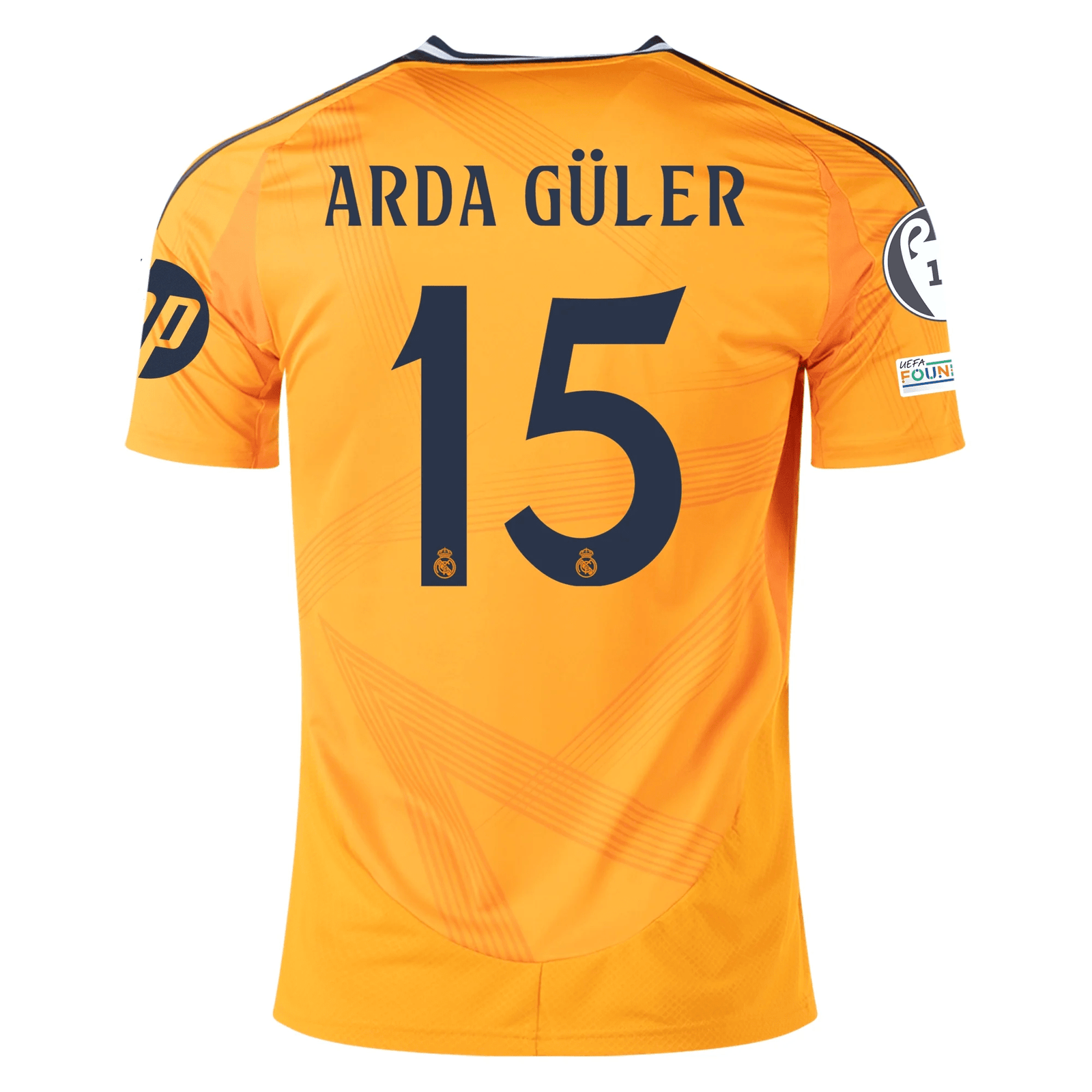adidas Real Madrid Arda Guler Away Jersey w/ Champions League Patches 24/25 (Crew Orange) | SoccerWearhouse