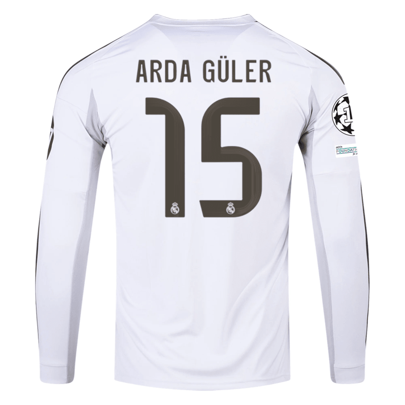 adidas Real Madrid Arda Guler Long Sleeve Home Jersey w/ Intercontinental + Champions League Patches 25/26 (White) | SoccerWearhouse