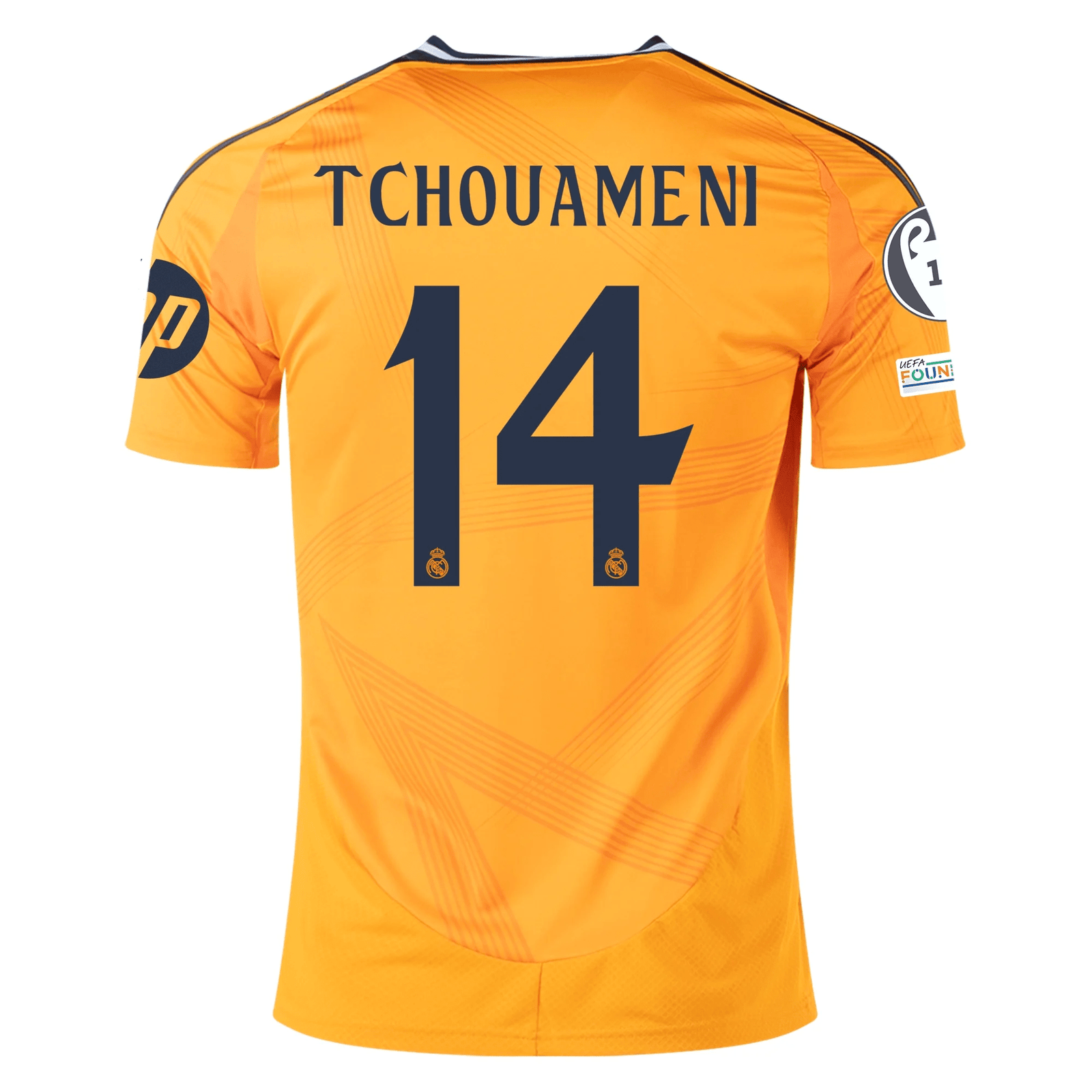 adidas Real Madrid Aurélien Tchouaméni Away Jersey w/ Champions League Patches 24/25 (Crew Orange) | SoccerWearhouse