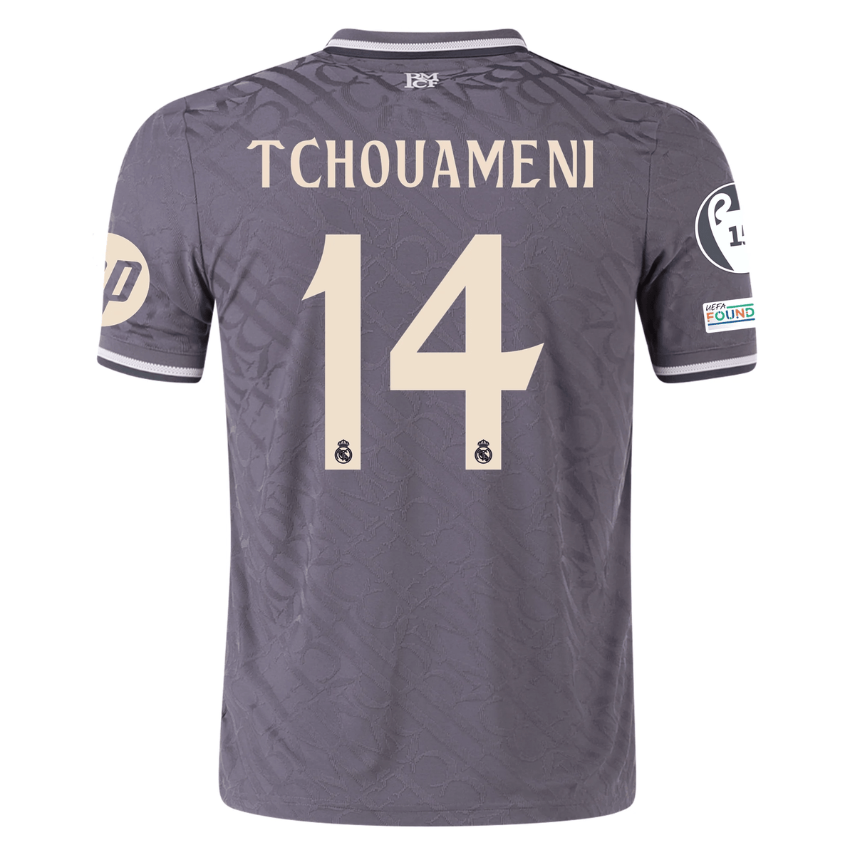 adidas Real Madrid Authentic Aurélien Tchouaméni Third Jersey w/ Champions League Patches 24/25 (Charcoal) | SoccerWearhouse