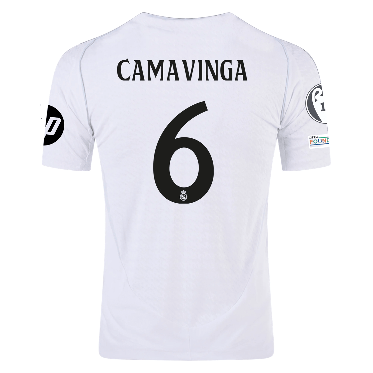 adidas Real Madrid Authentic Eduardo Camavinga Home Jersey w/ Champions League Patches 24/25 (White/Black) | SoccerWearhouse
