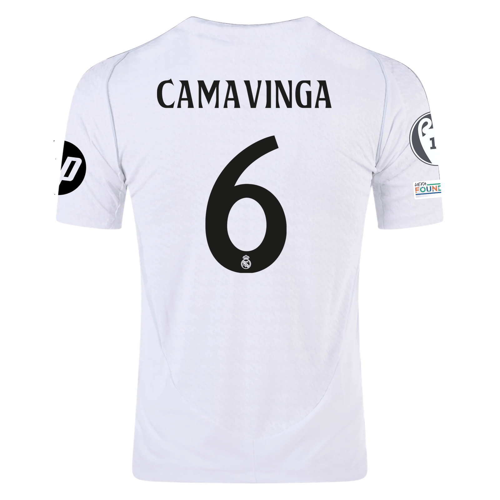 adidas Real Madrid Authentic Eduardo Camavinga Home Jersey w/ Champions League Patches 24/25 (White/Black) | SoccerWearhouse