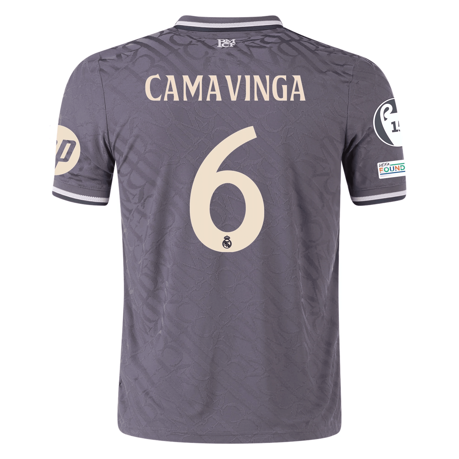 adidas Real Madrid Authentic Eduardo Camavinga Third Jersey w/ Champions League Patches 24/25 (Charcoal) | SoccerWearhouse