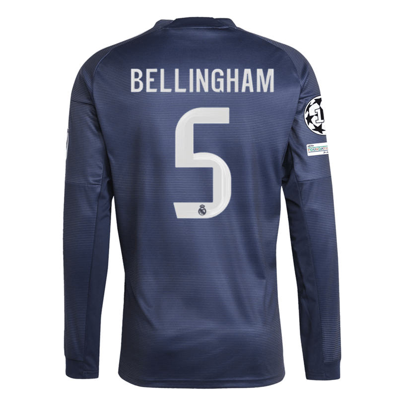 adidas Real Madrid Bellingham Long Sleeve Away Jersey w/ Champions League Patches 25/26 (Legend Ink) | SoccerWearhouse