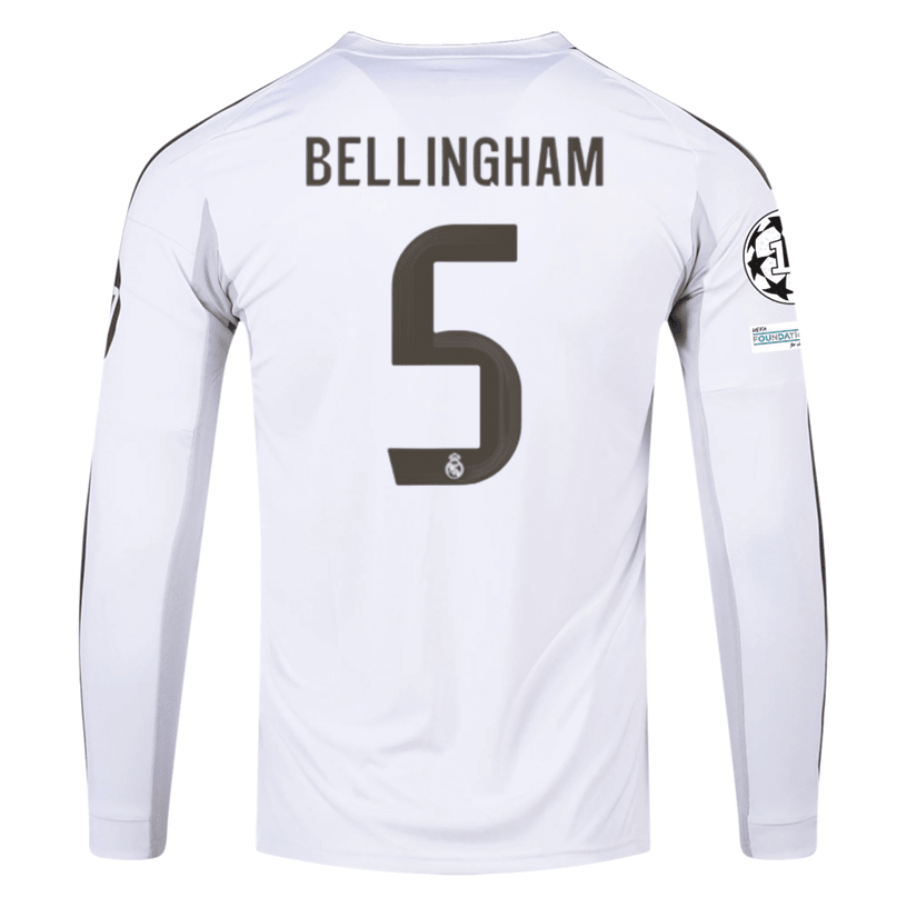 adidas Real Madrid Bellingham Long Sleeve Home Jersey w/ Intercontinental + Champions League Patches 25/26 (White) | SoccerWearhouse