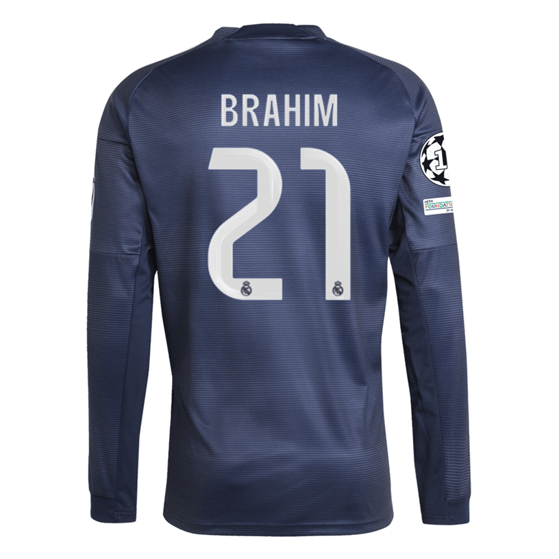 adidas Real Madrid Brahim Long Sleeve Away Jersey w/ Champions League Patches 25/26 (Legend Ink) | SoccerWearhouse