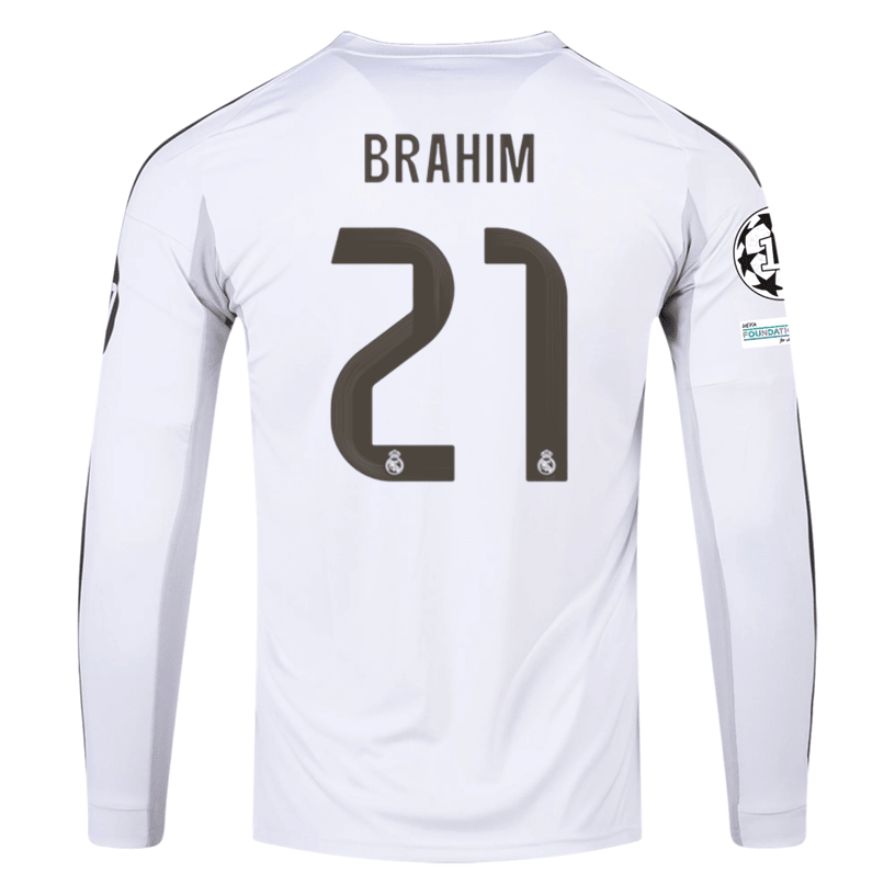 adidas Real Madrid Brahim Long Sleeve Home Jersey w/ Intercontinental + Champions League Patches 25/26 (White) | SoccerWearhouse