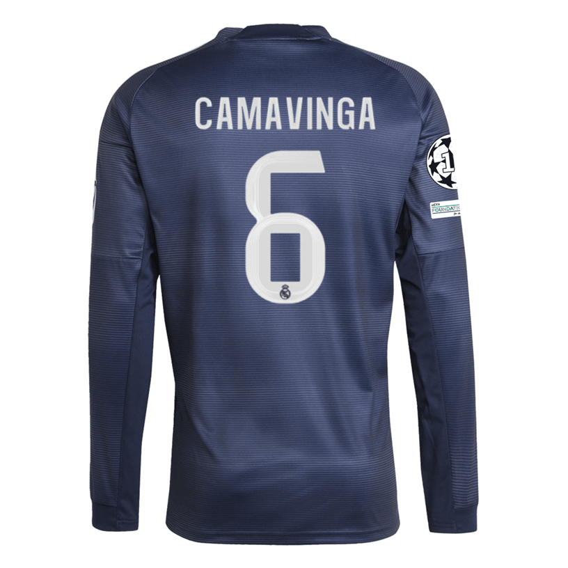 adidas Real Madrid Camavinga Long Sleeve Away Jersey w/ Champions League Patches 25/26 (Legend Ink) | SoccerWearhouse