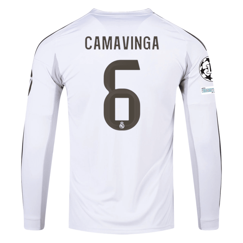 adidas Real Madrid Camavinga Long Sleeve Home Jersey w/ Intercontinental + Champions League Patches 25/26 (White) | SoccerWearhouse