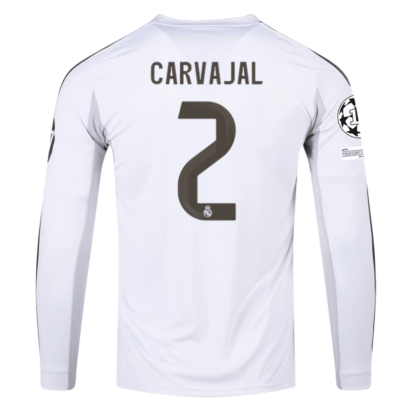 adidas Real Madrid Carvajal Long Sleeve Home Jersey w/ Intercontinental + Champions League Patches 25/26 (White) | SoccerWearhouse
