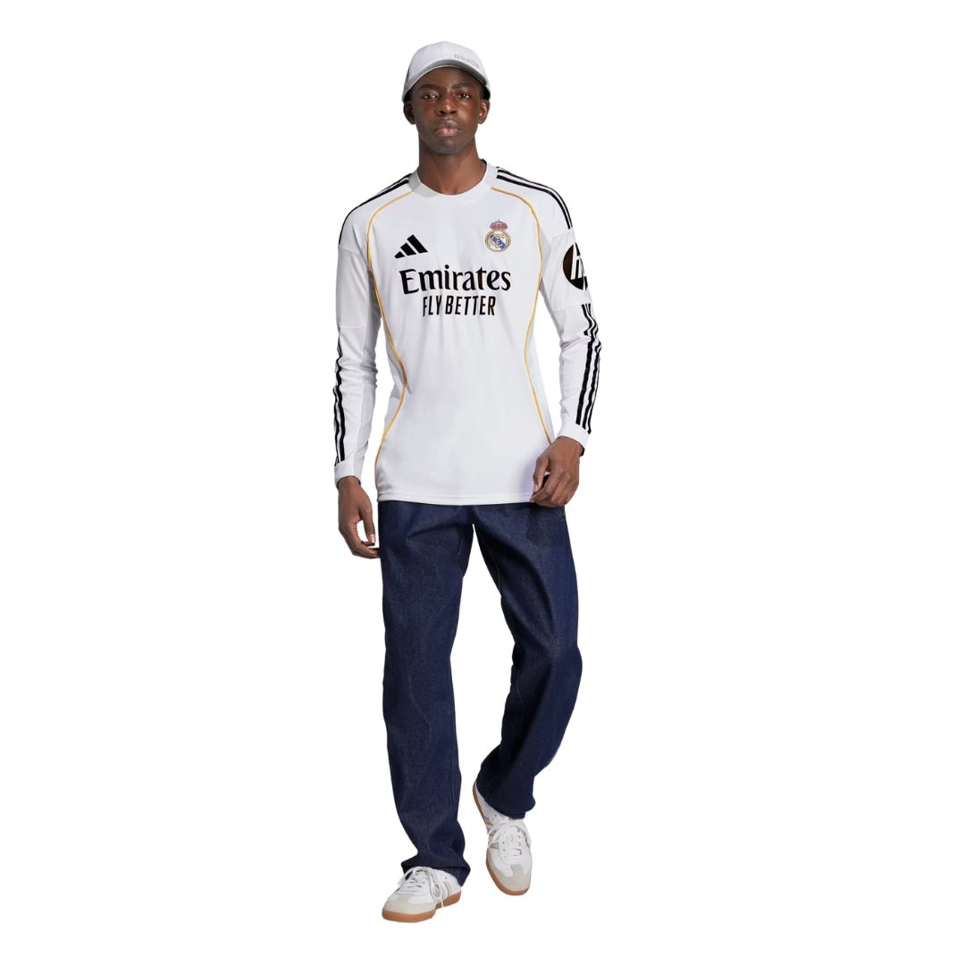 adidas Real Madrid Carvajal Long Sleeve Home Jersey w/ Intercontinental + Champions League Patches 25/26 (White) | SoccerWearhouse