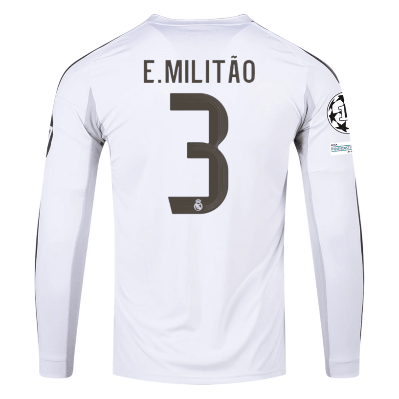 adidas Real Madrid E. Militao Long Sleeve Home Jersey w/ Intercontinental + Champions League Patches 25/26 (White) | SoccerWearhouse