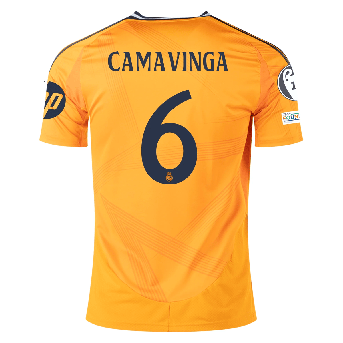 adidas Real Madrid Eduardo Camavinga Away Jersey w/ Champions League Patches 24/25 (Crew Orange) | SoccerWearhouse