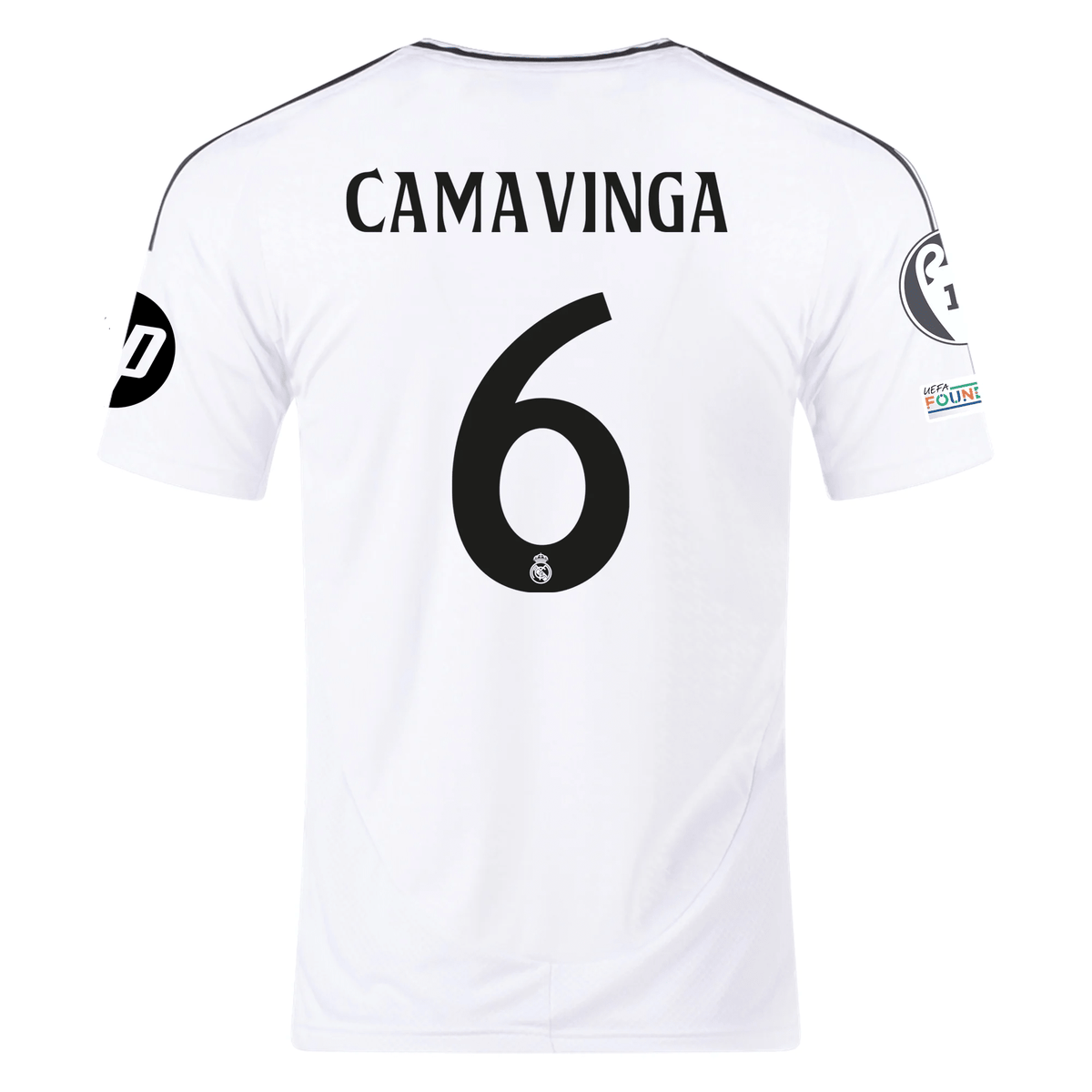 adidas Real Madrid Eduardo Camavinga Home Jersey 24/25 w/ Champions League Patches (White/Black) | SoccerWearhouse