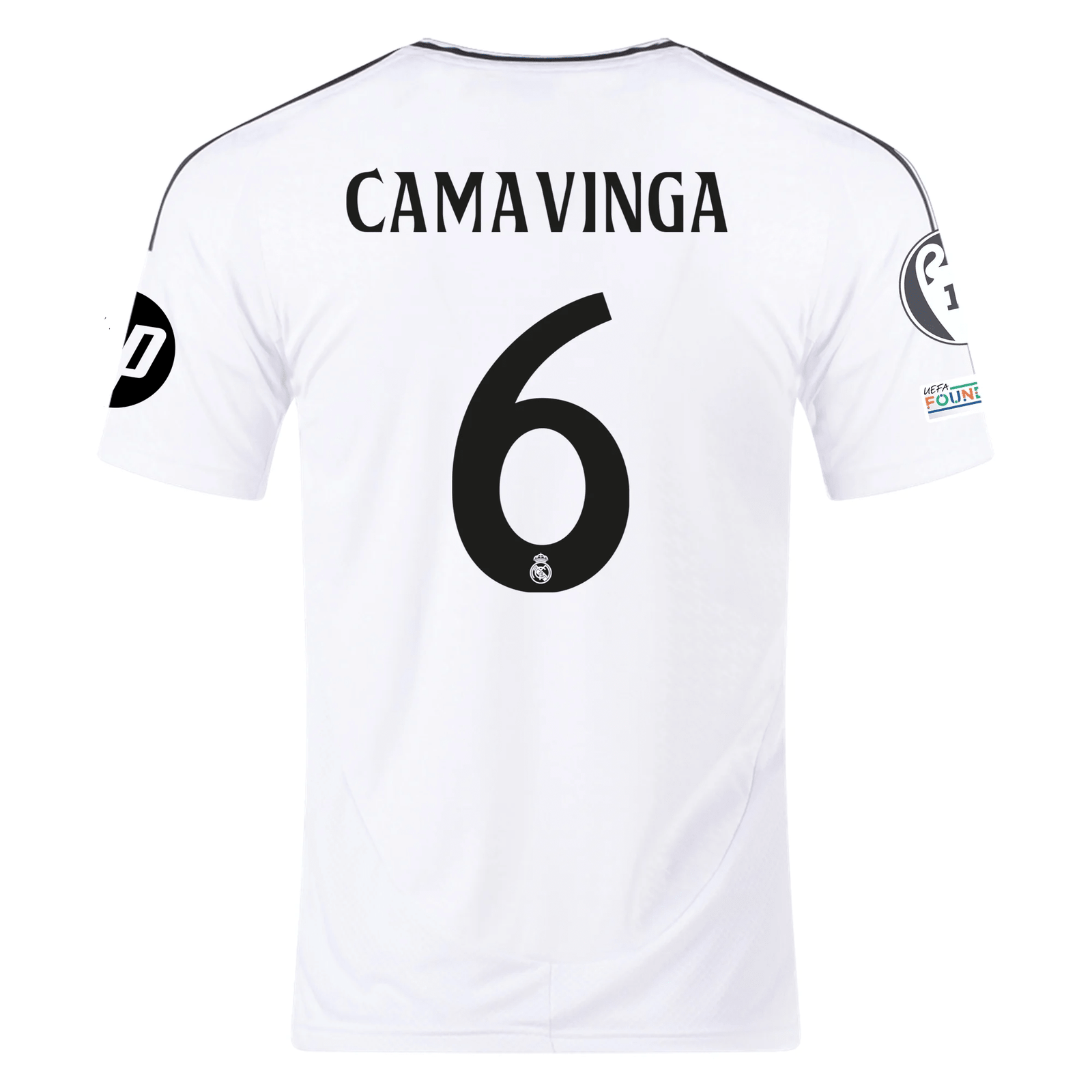 adidas Real Madrid Eduardo Camavinga Home Jersey 24/25 w/ Champions League Patches (White/Black) | SoccerWearhouse