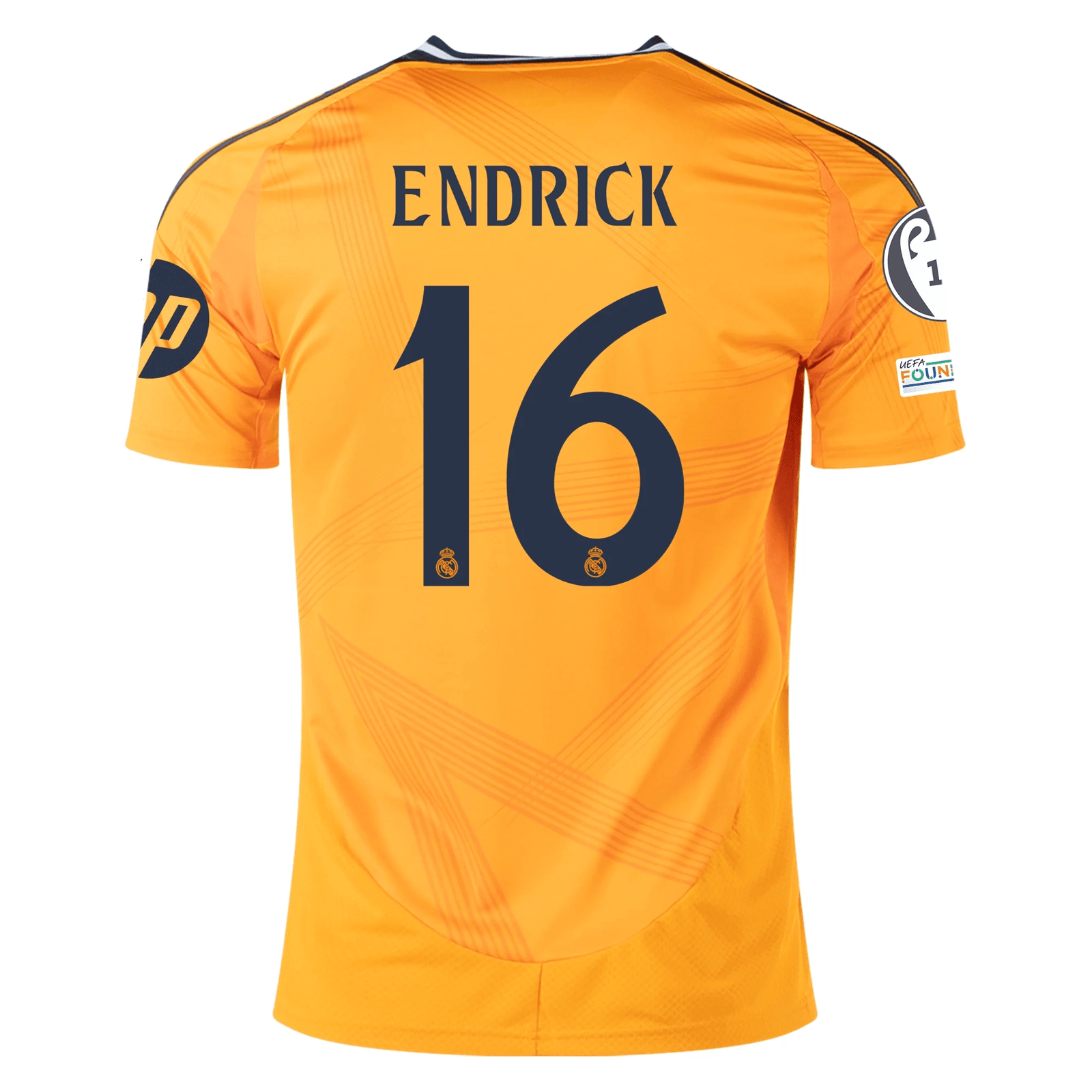 adidas Real Madrid Endrick Away Jersey w/ Champions League Patches 24/25 (Crew Orange) | SoccerWearhouse