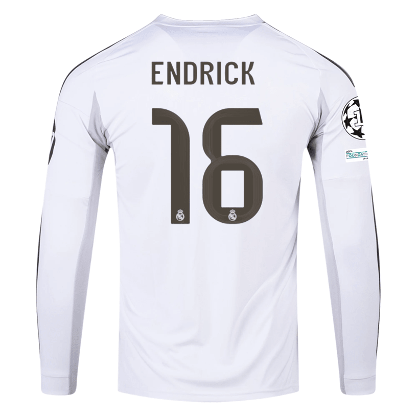 adidas Real Madrid Endrick Long Sleeve Home Jersey w/ Intercontinental + Champions League Patches 25/26 (White) | SoccerWearhouse