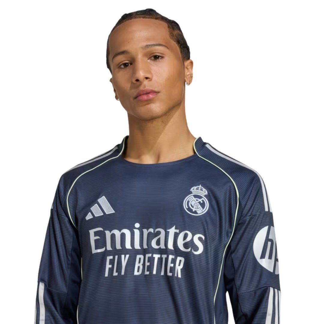 adidas Real Madrid Huijsen Long Sleeve Away Jersey w/ Champions League Patches 25/26 (Legend Ink) | SoccerWearhouse