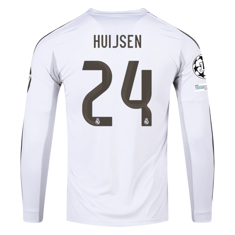 adidas Real Madrid Huijsen Long Sleeve Home Jersey w/ Intercontinental + Champions League Patches 25/26 (White) | SoccerWearhouse