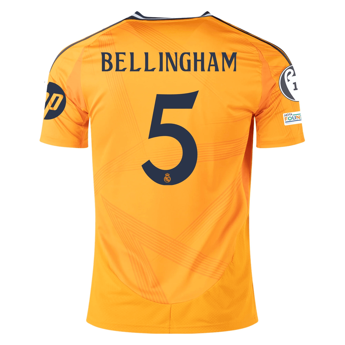 adidas Real Madrid Jude Bellingham Away Jersey w/ Champions League Patches 24/25 (Crew Orange) | SoccerWearhouse